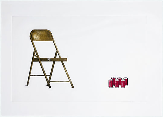 print of folding chair and some soda