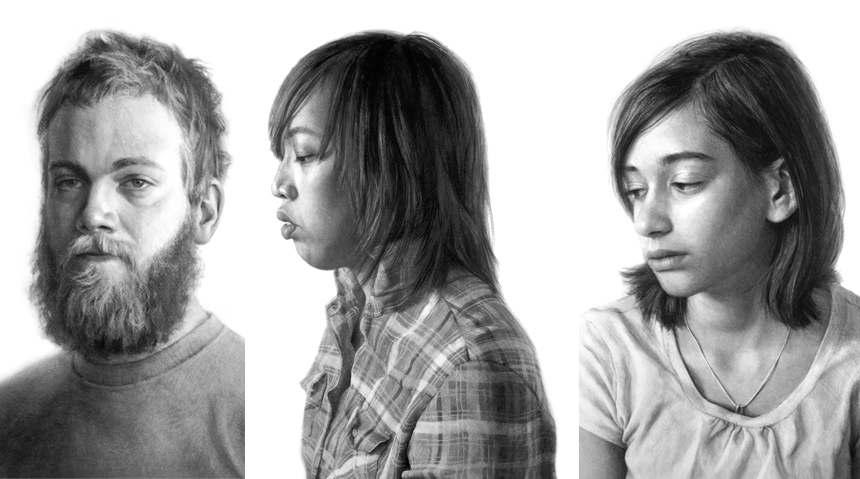 A photo of a portrait drawing of three people