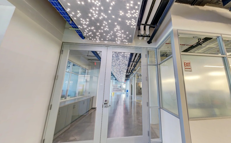 lobby area of McMahon with LED light strip on the ceiling