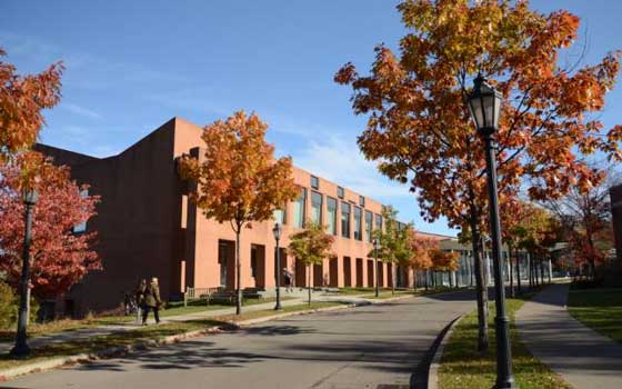 A red-brick building bordered by a sidewalk is adorned with vibrant autumn trees. Few pedestrians, clear blue sky, and a calm, serene atmosphere.