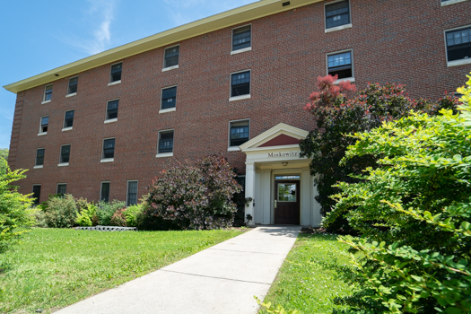 Red-brick four-story building labeled "Moskowitz," with multiple black-framed windows. Lush greenery surrounds the entrance walkway under a clear blue sky.