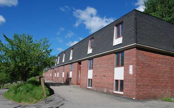 A two-story brick apartment building with a black roof under a clear blue sky. A tree and pathway are visible, creating a peaceful suburban scene.
