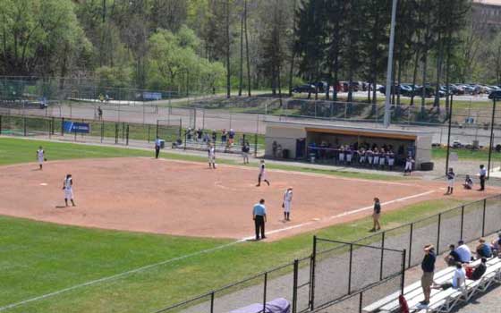 Aerial view of a sunny softball game in progress with players on the field. A dugout is visible, surrounded by trees and spectators in bleachers.