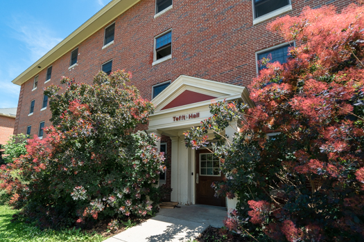 Red brick building with three stories and black windows, surrounded by lush, pink flowering shrubs. Entryway labeled "Tefft Hall" under clear blue sky.