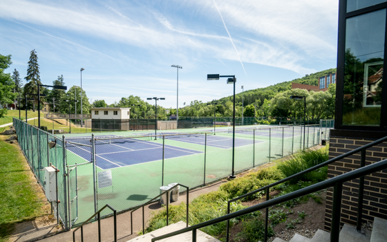 A sunny outdoor tennis court with blue and green surfaces is enclosed by a chain-link fence. Surrounding trees and a hill add a serene backdrop.