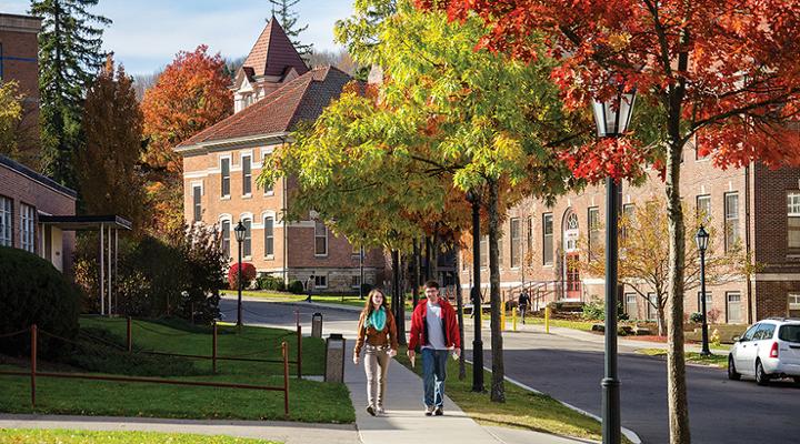 Students walking down street on campus