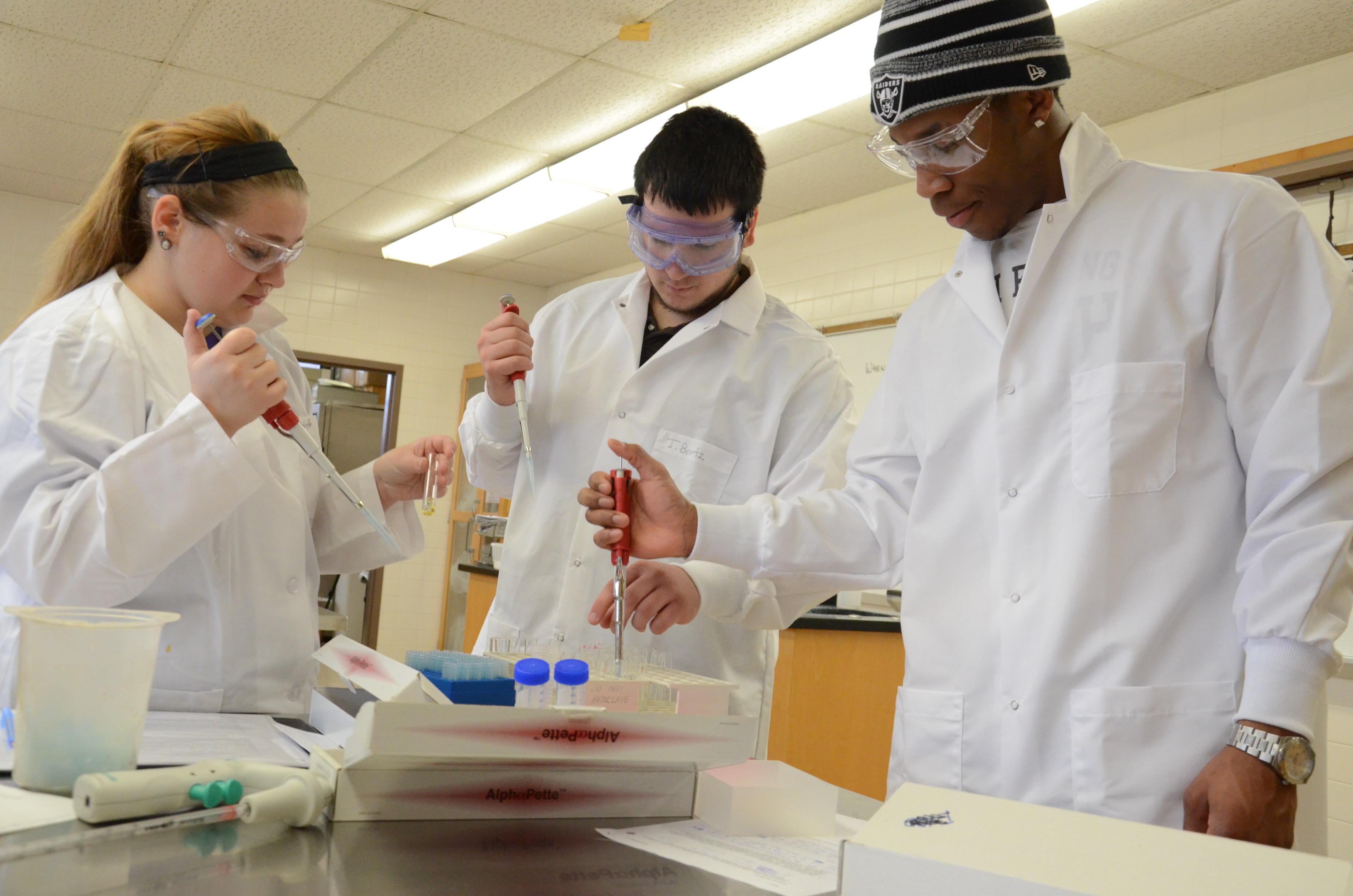 Biology students working in lab