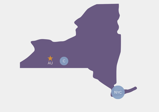 graphic of New York State with Corning NY pin pointed and NYC pin pointed