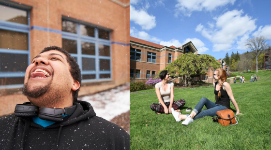 split photo of student catching snowflakes and students sitting outside during summer