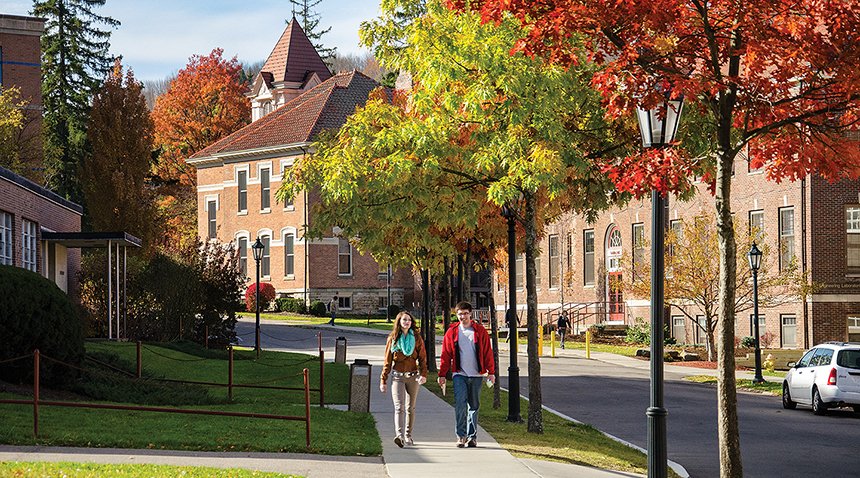 students walking down academic alley
