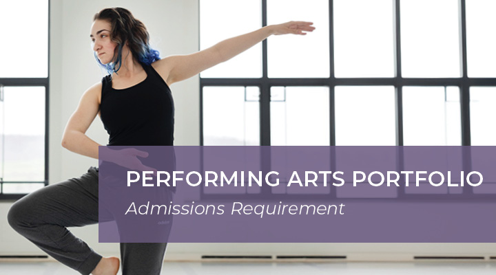 A photo of a student dancing with a text graphic on top that says "Performing Arts Portfolio"