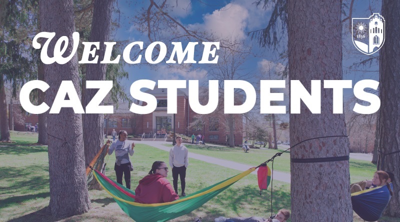 A graphic of students in hammocks that says "Welcome Caz Students"