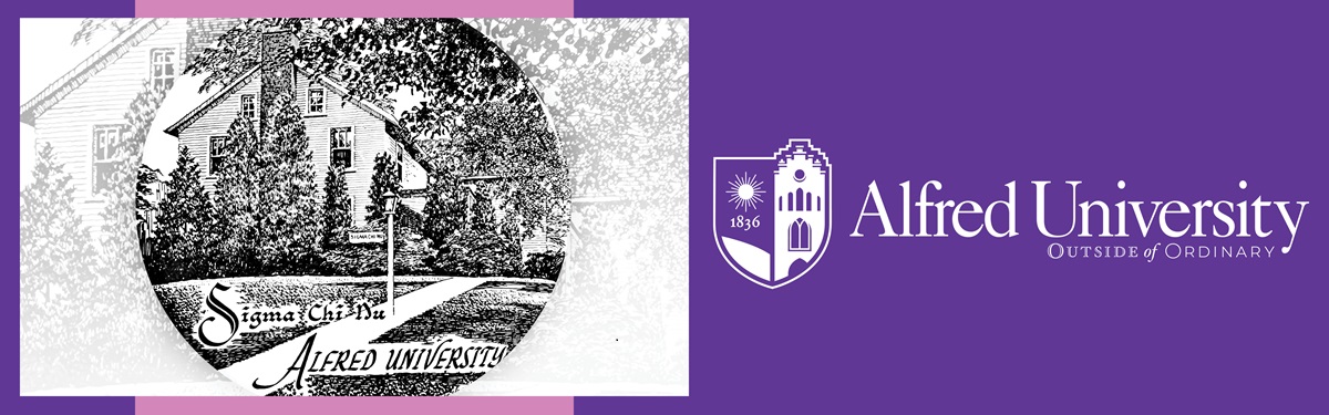 banner image with a drawing of the Sayles house on the left and the Alfred wordmark and logo on the right, all in hues of purple and pink
