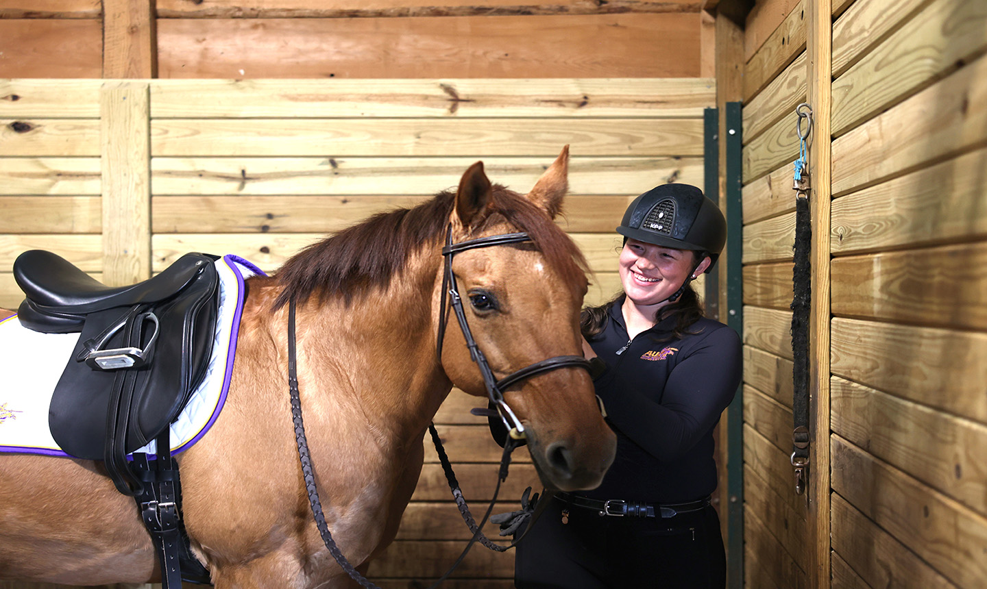 An equestrian student taking care of a horse