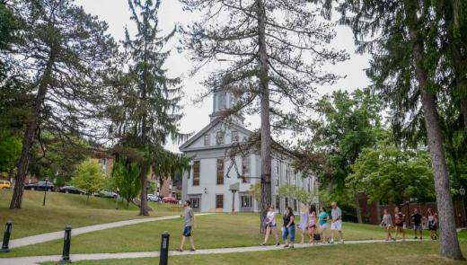 A group of people walks on Alfred University's campus path towards Alumni Hall surrounded by tall trees, conveying a peaceful, academic atmosphere.