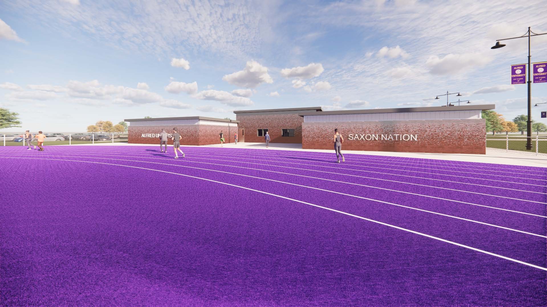 A vibrant purple running track with white lane markings stretches across the foreground. In the background, brick buildings display signs reading "SAXON NATION" and "ATHLETIC BUILDING." Several people are walking or standing on the track and near the buildings. The sky is partly cloudy, and street lamps with banners line the right side of the scene.