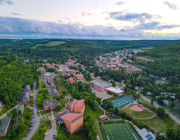 A drone shot of Alfred University campus