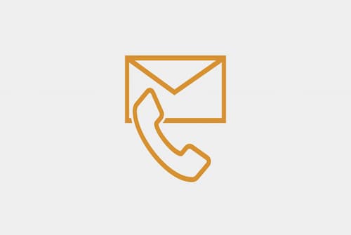A simple orange outline of an envelope behind a telephone handset icon on a white background.