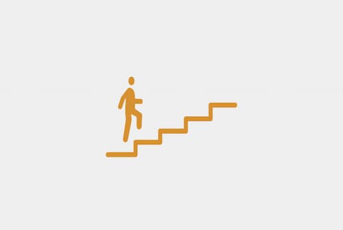 A simple orange icon on a gray background shows a person climbing a staircase, symbolizing progress and upward movement. Minimalistic and motivational.