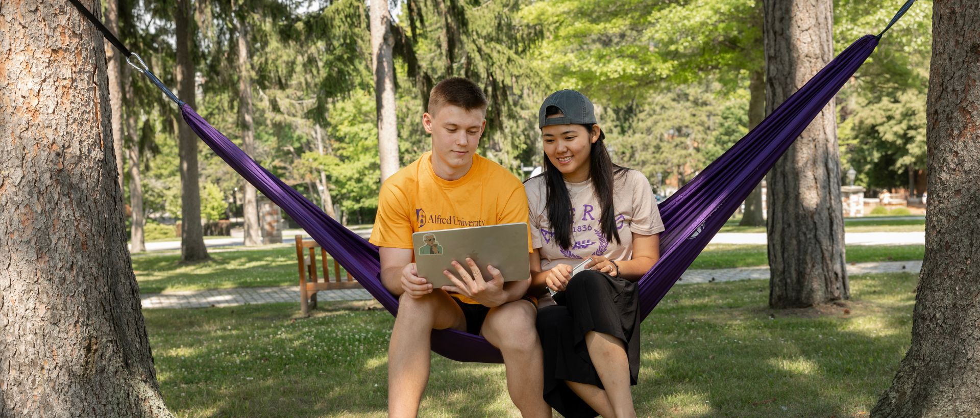 A photo of students sitting on a laptop looking at a hammock
