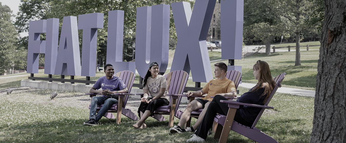 students talking near fiat lux sign