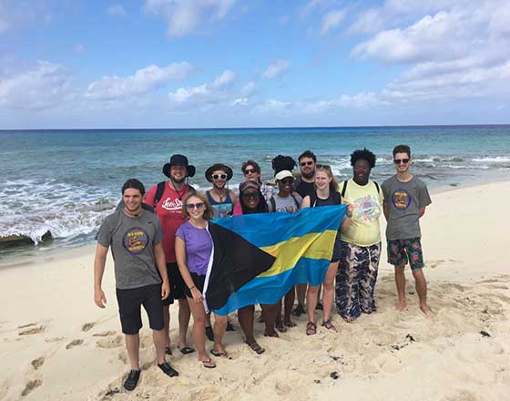 AU students on the beach as part of the Gerace Research Center study abroad in the Bahamas