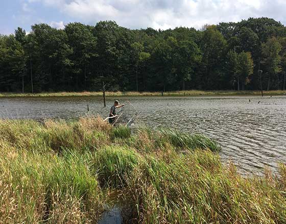 Student demonstrating wildlife research equipment in a pond