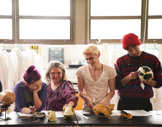 people examining bones