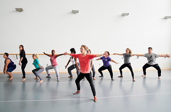 dance class in the studio. Students at the balance bar following an instructor's movements.