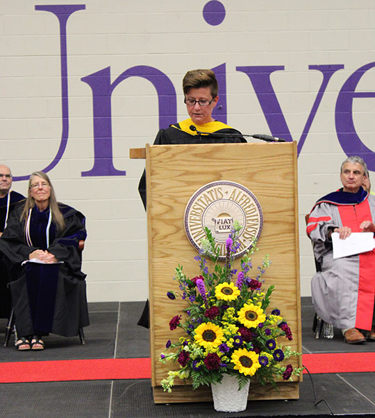 Amy DeKay, vice president for Student Experience, delivers the Opening Convocation keynote address