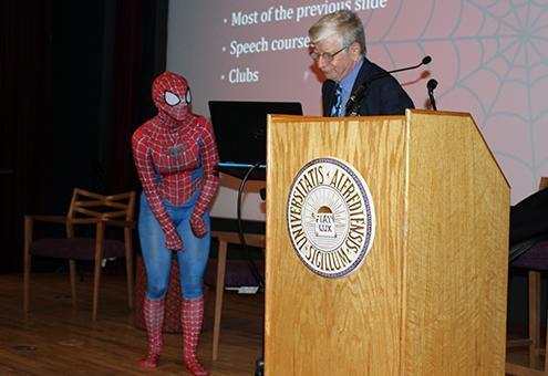 Peter Cuneo '67 joined by Spiderman/Alfred University undergraduate Emilia Smith