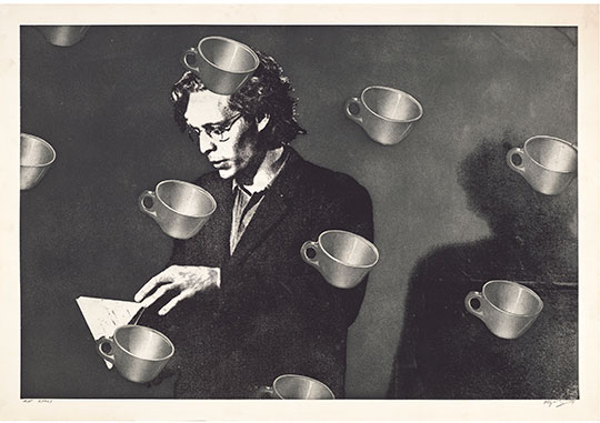 artwork, printed image of man overlayed with teacups