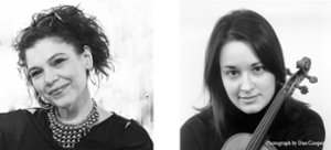 two black and white headshots of the artists. the artist on the right pictured with a stringed instrument