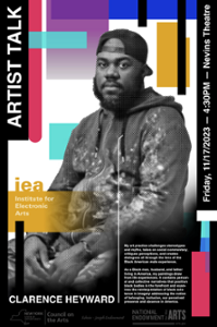 A Black man sits in the center of the composition. The portrait is in black and white and surrounded by graphic rectangles of color. Artist is included in the lower right. Logos for the National Endowment for the Arts, The New York State Council on the Arts, and the Schein-Joseph Endowment are on the bottom.