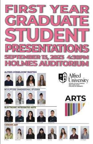 poster with pink text on white background and headshots of all first year graduate students