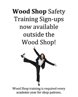 wood shop training information with image of woman dancing