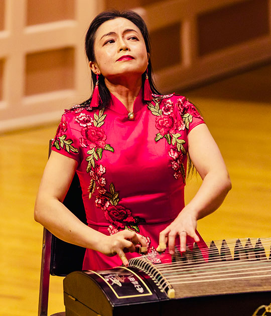 woman with long hair and pink outfit playing stringed instrument