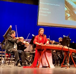 woman in long dress performing in a stringed instrument