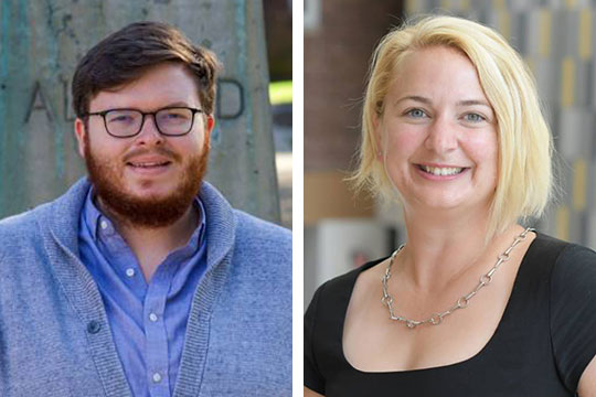 headshot of a man with glasses and blond woman smiling