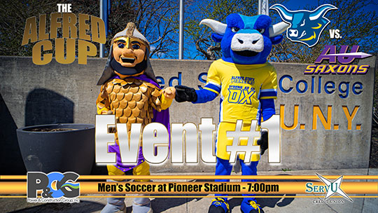 Two college mascots pose together outdoors in front of a SUNY sign, promoting a men's soccer event at Pioneer Stadium at 7:00pm for the Alfred Cup, Event #1.