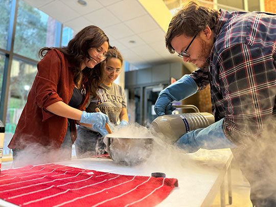 two students, professor conduct experiment