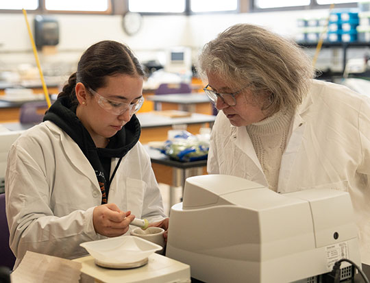Retired Alfred University biology professor Cheryld Emmons (right) observes Wellsville High School student Marissa Weinhauer as she grinds spinach to extract chlorophyll during a photosynthesis workshop in the university biology lab.
