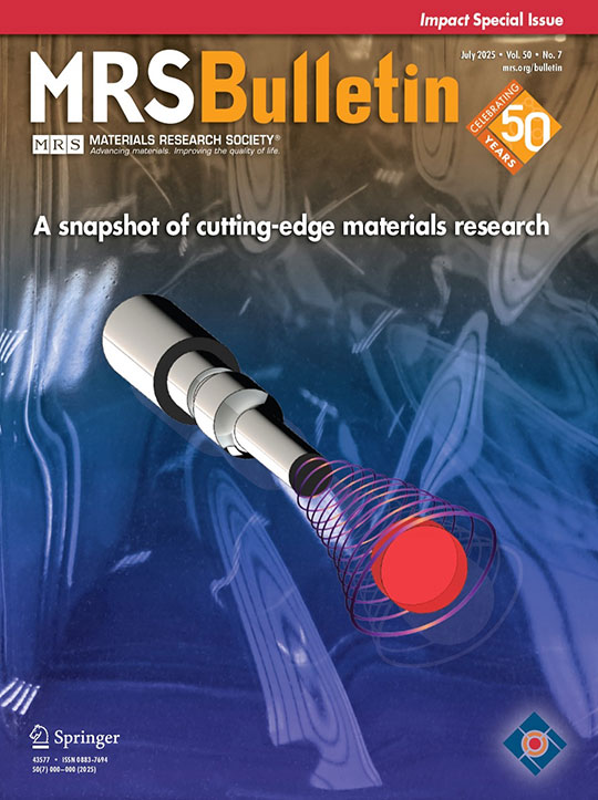 Cover of MRS Bulletin with a futuristic design featuring a cylindrical device emitting a red energy wave. Celebrates 50 years; focus on materials research.