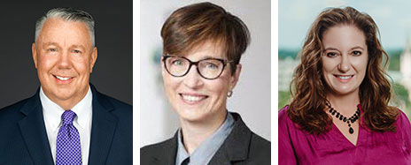 Three professional individuals smiling in portrait photos. The first person wears a suit with a purple tie, the second has short hair and glasses, and the third has long curly hair and a pink blouse. The tone is friendly and approachable.