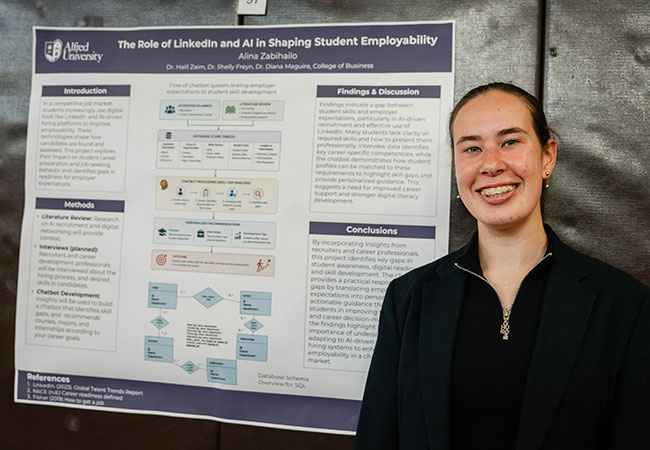 woman standing in front of a poster