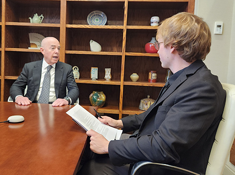 Alfred University student Will Cooley interviews Alejandro Mayorkas