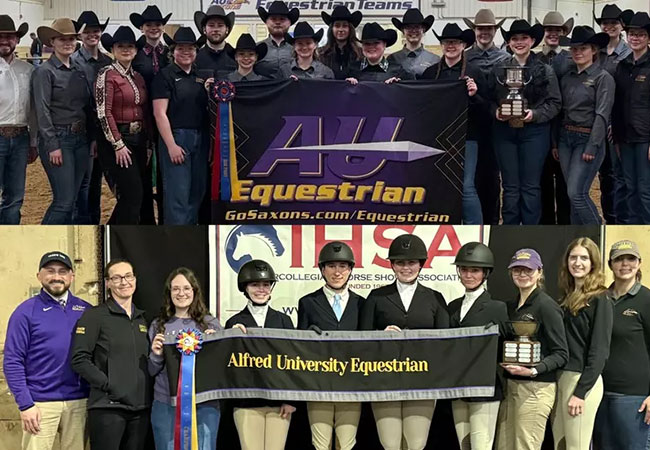 two images showing people standing in lines, holding banners, trophies, and ribbons