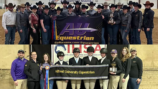 two rows of people, holding  banners, trophies, and ribbons