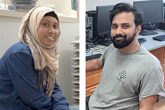 headshots of two people: a woman wearing headscarf and a man with beard at a computer