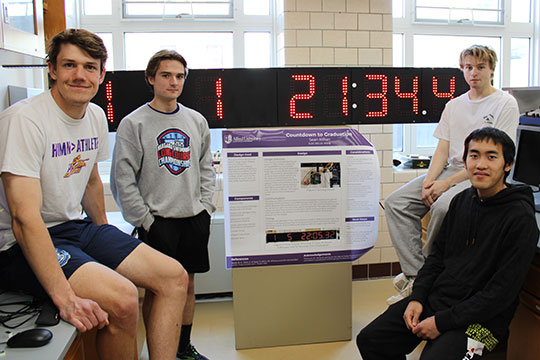 four people standing in front of a lighted digital clock